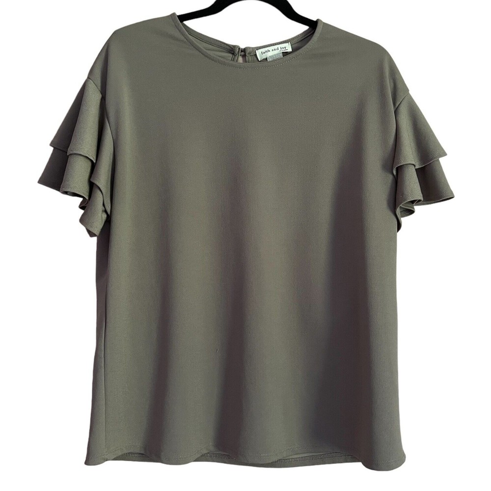 Faith and Joy Monteau Blouse Women's Top Tan Ruffled Flutter Sleeves Keyhole S